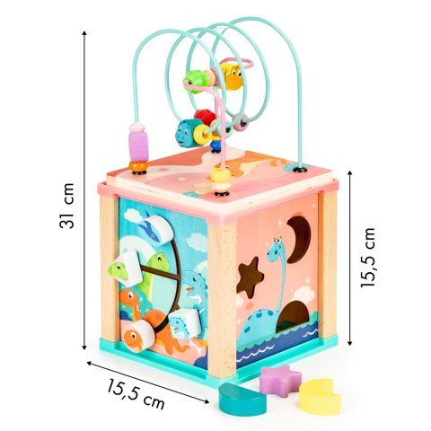 Drewniana Kostka Edukacyjna Dino – Sorter, Mula, Tablica i Koła Zębate ECOTOYS