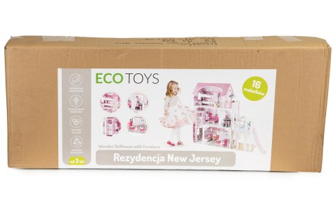 Drewniany Domek dla Lalek z Windą XXL i Zjeżdżalnią ECOTOYS - 3 Poziomy, 16 Mebelków