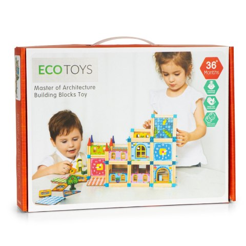 Drewniane Klocki Konstrukcyjne do Budowania Domek 6w1 ECOTOYS - 128 Elementów