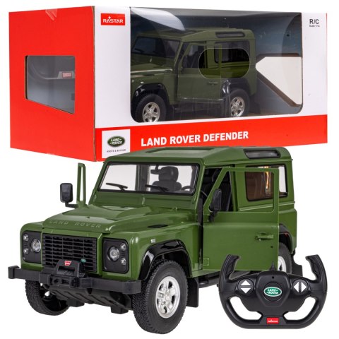 Land Rover Defender zielony RASTAR model 1:14 Zdalnie sterowanie auto + Pilot 2,4 GHz + Ręcznie otwierane drzwi