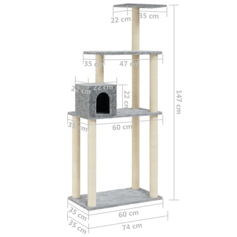 Drapak dla kota – sizalowe słupki, domek, platformy, 147 cm, jasnoszary