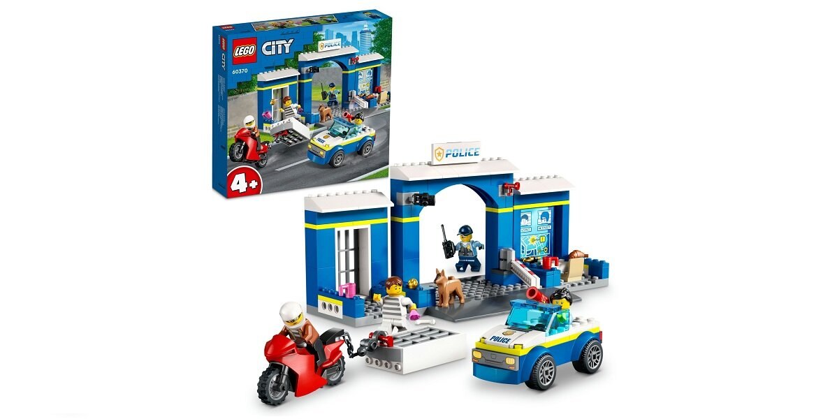 LEGO City Posterunek policji – pościg 60370 dziecko kreatywność zabawa nauka rozwój klocki figurki minifigurki jakość tradycja konstrukcja nauka wyobraźnia role jakość bezpieczeństwo wyobraźnia budowanie pasja hobby funkcje biuro więzenie złodziej ucieczka instrukcje radiowóz motocykl